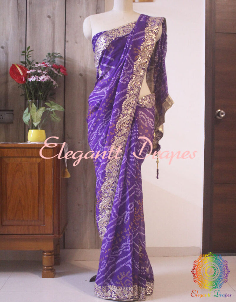 Purple Pure Crepe Rai Bandhej Gota Patti Saree