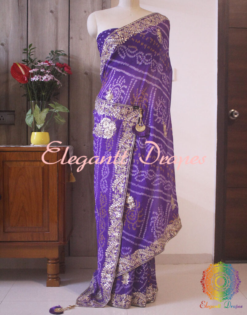 Purple Pure Crepe Rai Bandhej Gota Patti Saree