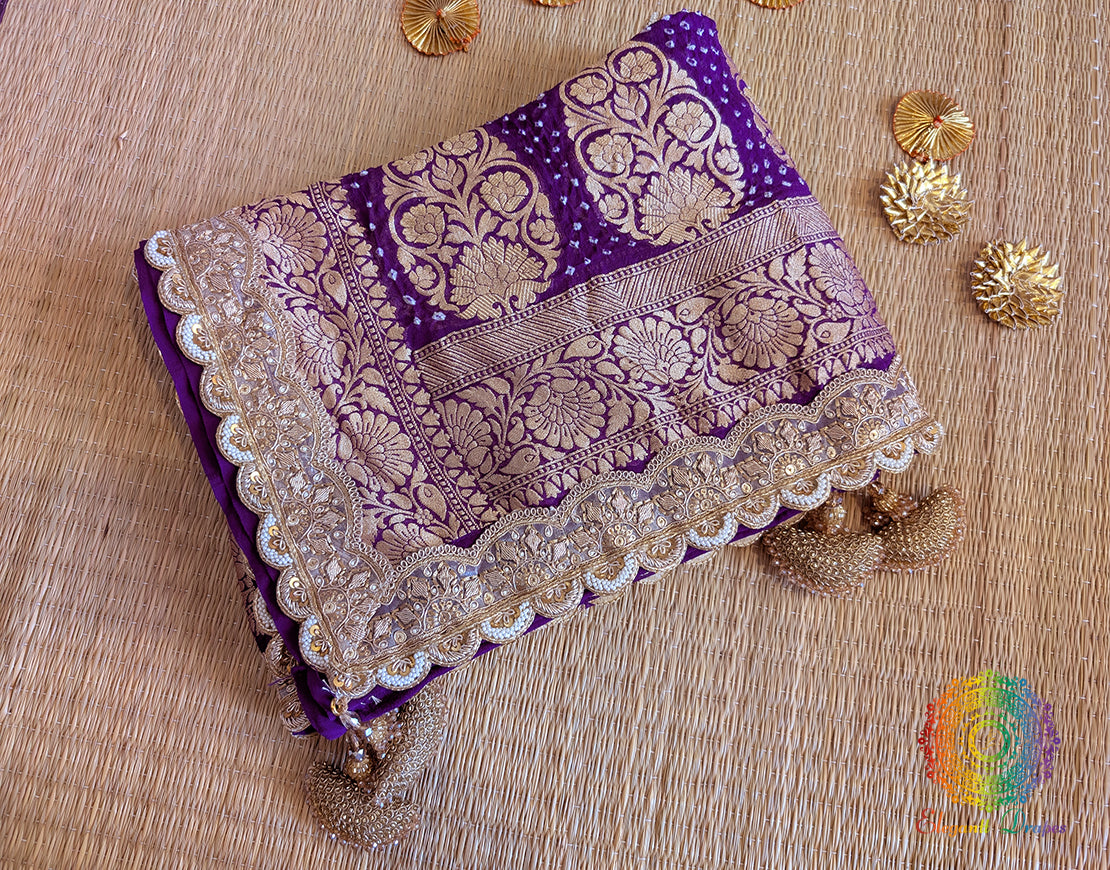 Purple Banarasi Bandhani Georgette Border Dupatta – Bandhani Saree Online India | Elegantt Drapes