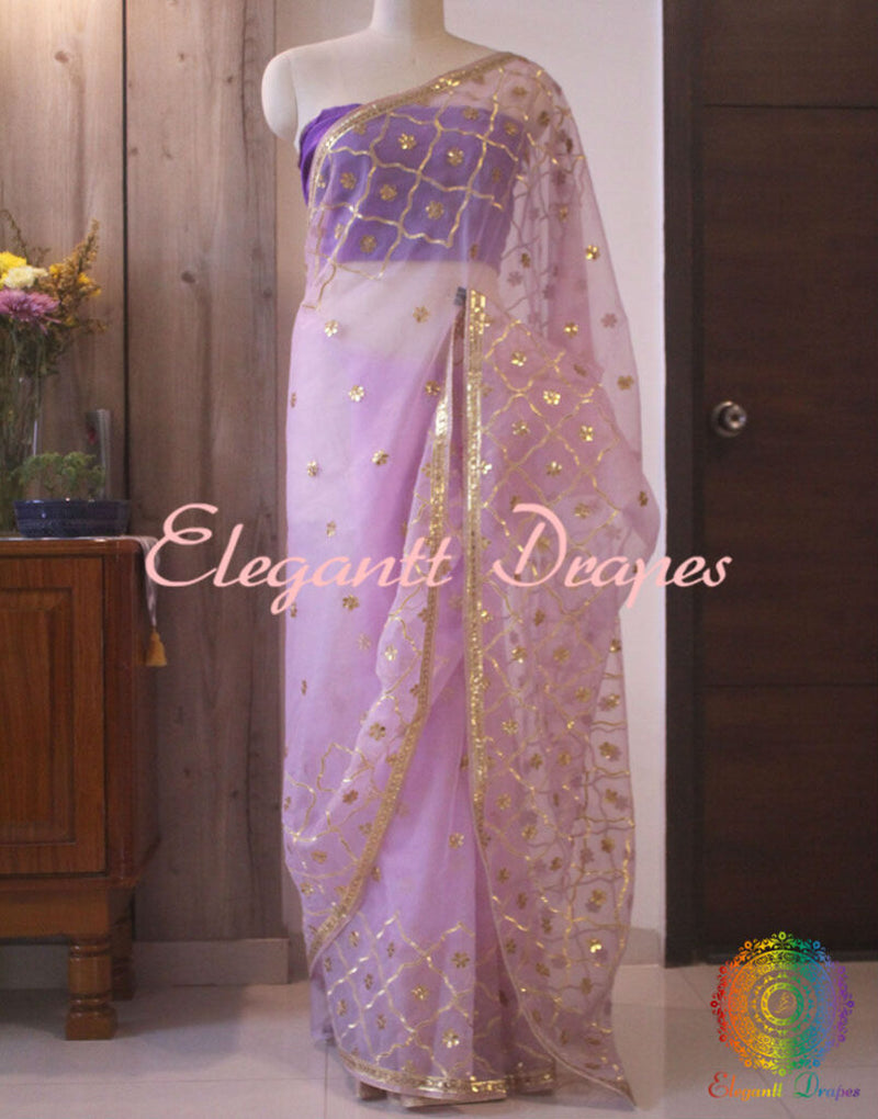 Light Purple Pure Organza Gota Patti Handwork Saree – Handloom Saree Online India | Elegantt Drapes