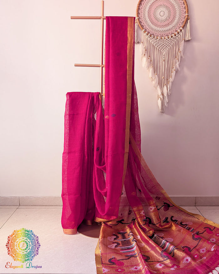Rani pink linen Paithani saree on mannequin showing complete drape and fall