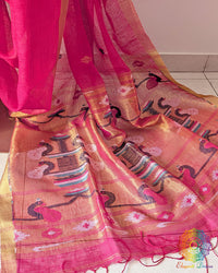 Paithani palla close up on rani pink linen saree highlighting motifs