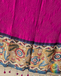 Close-up of the hand-painted Kalamkari floral border on the Rani Pink Muga Silk Dupatta