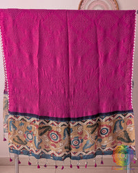 Rani Pink Muga Silk Dupatta with Bandhani body and hand-painted Kalamkari border