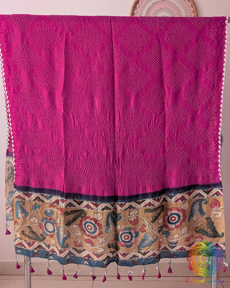 Rani Pink Muga Silk Dupatta with Bandhani body and hand-painted Kalamkari border
