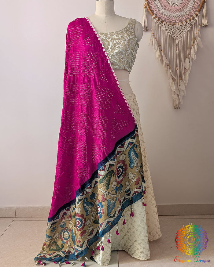 Rani Pink Bandhani Kalamkari Muga Silk Dupatta full draped view