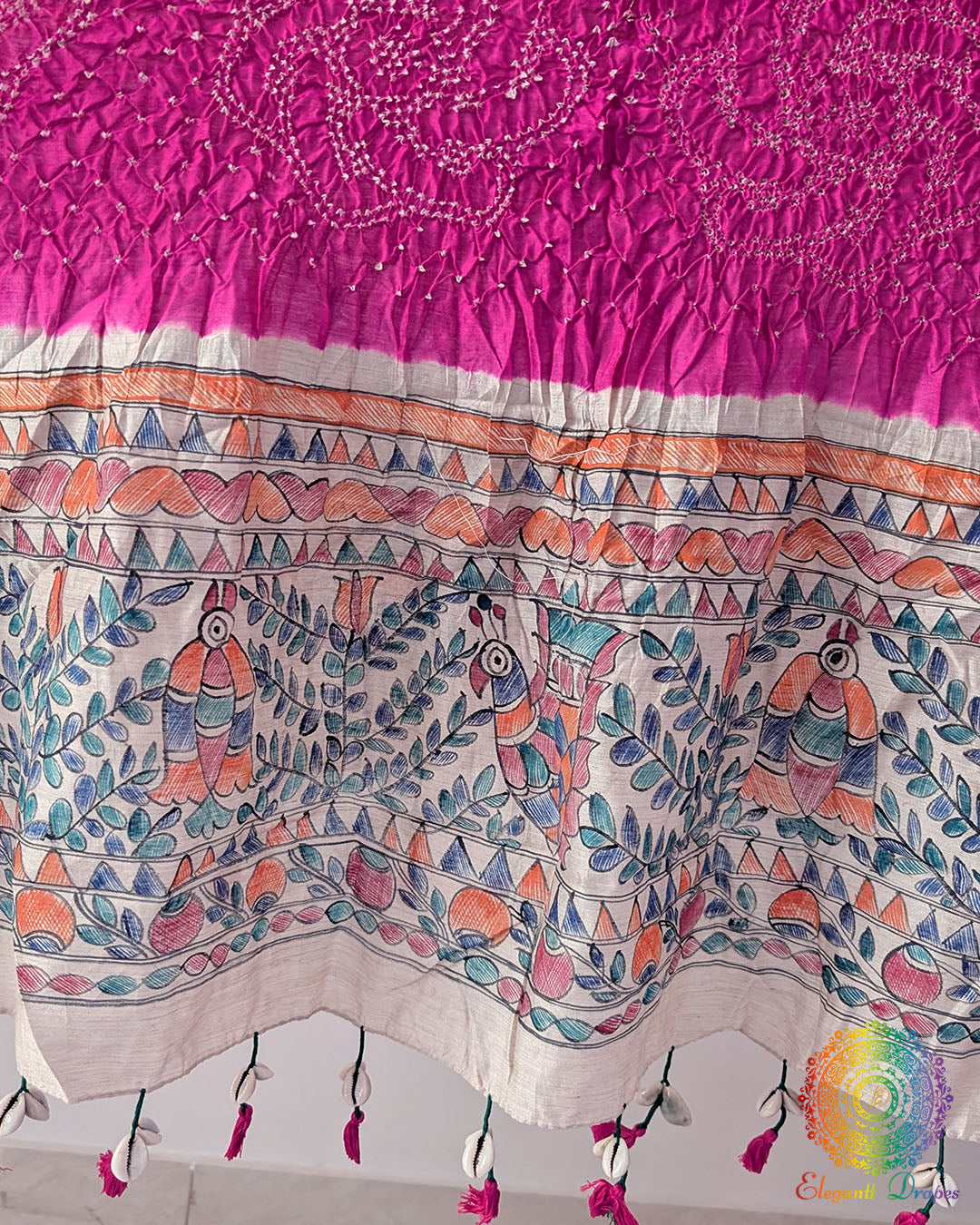 Rani Pink Bandhani Madhubani Muga Silk Dupatta for festive and traditional wear