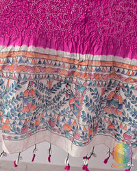 Rani Pink Bandhani Madhubani Muga Silk Dupatta for festive and traditional wear