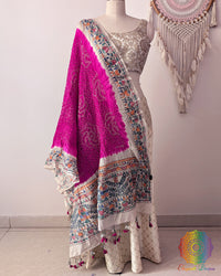 Rani Pink Bandhani Madhubani Muga Silk Dupatta full draped view