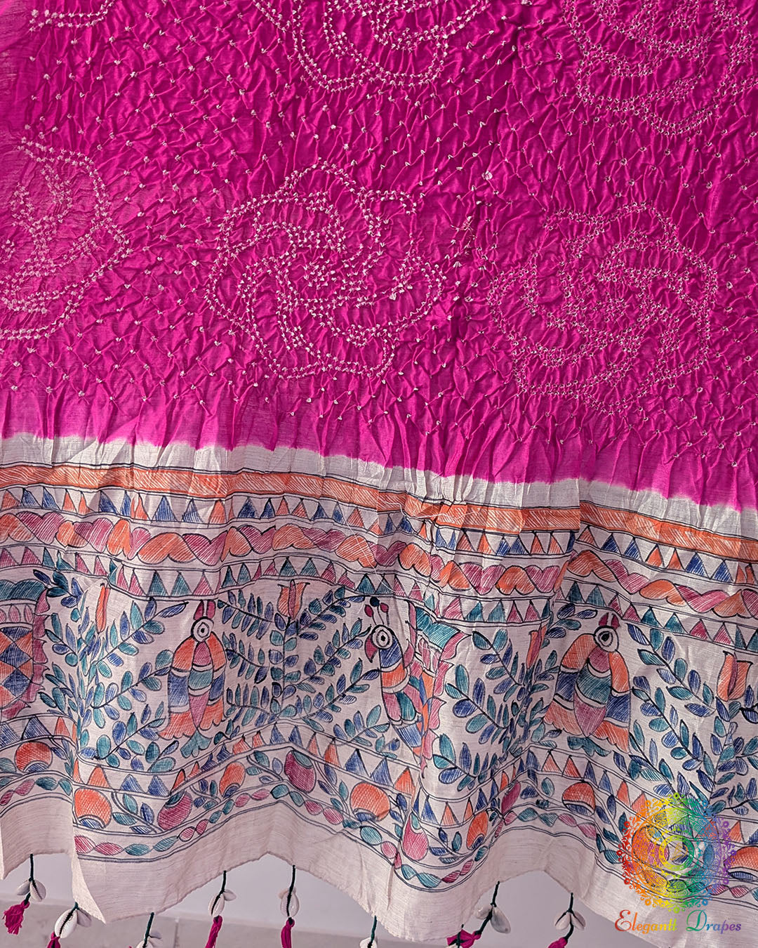 Close-up of the hand-painted Madhubani artwork on the Rani Pink Muga Silk Dupatta