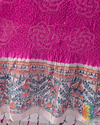 Close-up of the hand-painted Madhubani artwork on the Rani Pink Muga Silk Dupatta