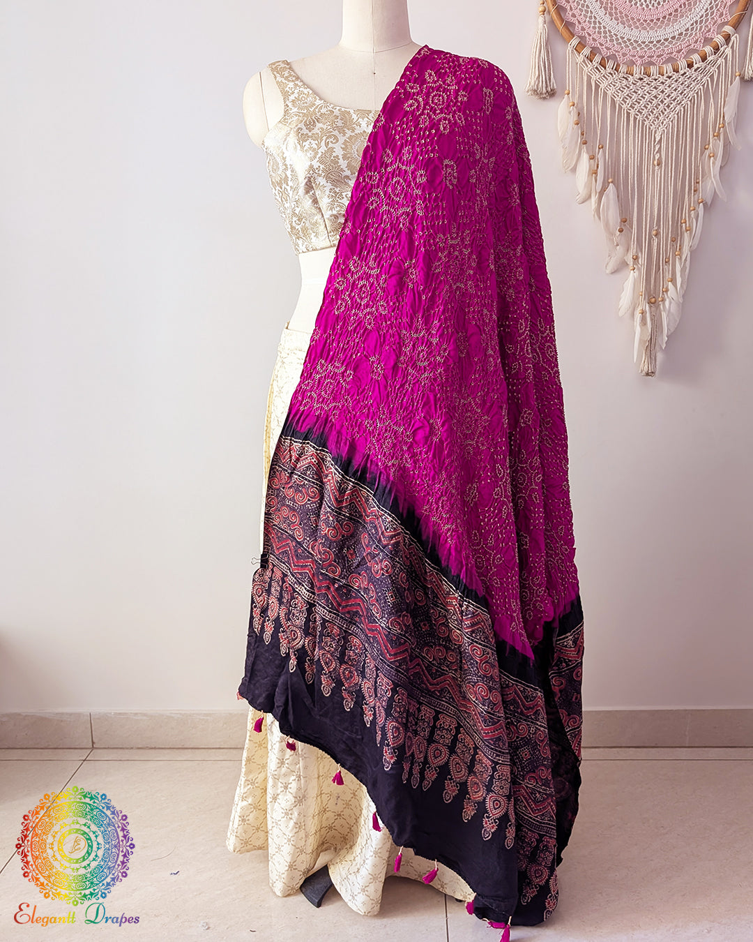 Rani pink gaji silk bandhani dupatta with ajrakh palla