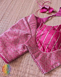 Close-up of the woven Banarasi brocade floral pattern on the Rani Pink Designer Blouse