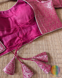 Back view of the Rani Pink Banarasi Brocade Halter Neck Designer Blouse with double dori closures