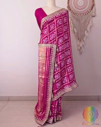 Magenta Pink Gaji Silk Gharchola Saree with Gota Patti Handwork front drape