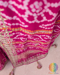 Close-up of intricate Gota Patti handwork on the pallu of the Magenta Pink Gharchola Saree