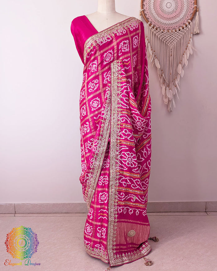Magenta Pink Gharchola Gaji Silk Saree with Bandhani motifs and Gota Patti pallu