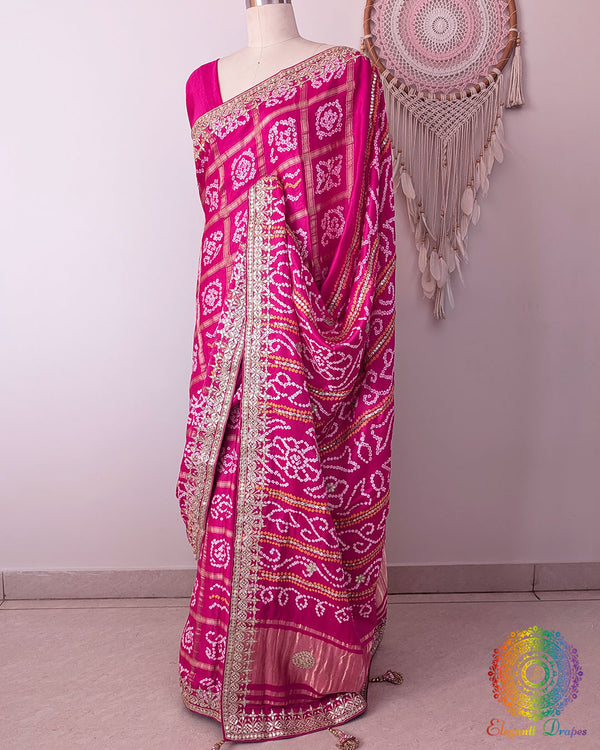 Side view of the Magenta Pink Gaji Silk Gharchola Saree showcasing its graceful drape