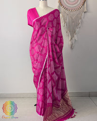 Rani pink pure Gaji silk Bandhani saree drape view