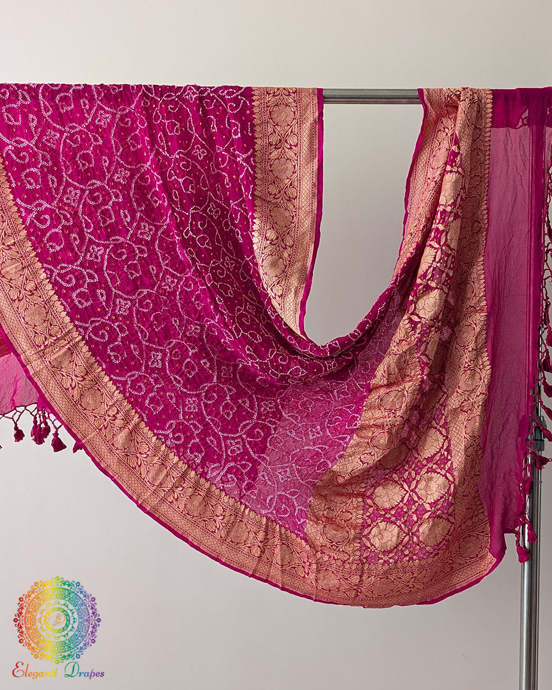 Rani Pink Banarasi Khaddi Georgette Rai Bandhej Dupatta full view