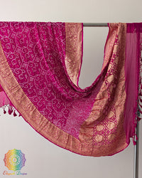 Rani Pink Banarasi Khaddi Georgette Rai Bandhej Dupatta full view