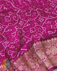 Close-up of Rai Bandhej detailing on Rani Pink Banarasi Khaddi Georgette Dupatta