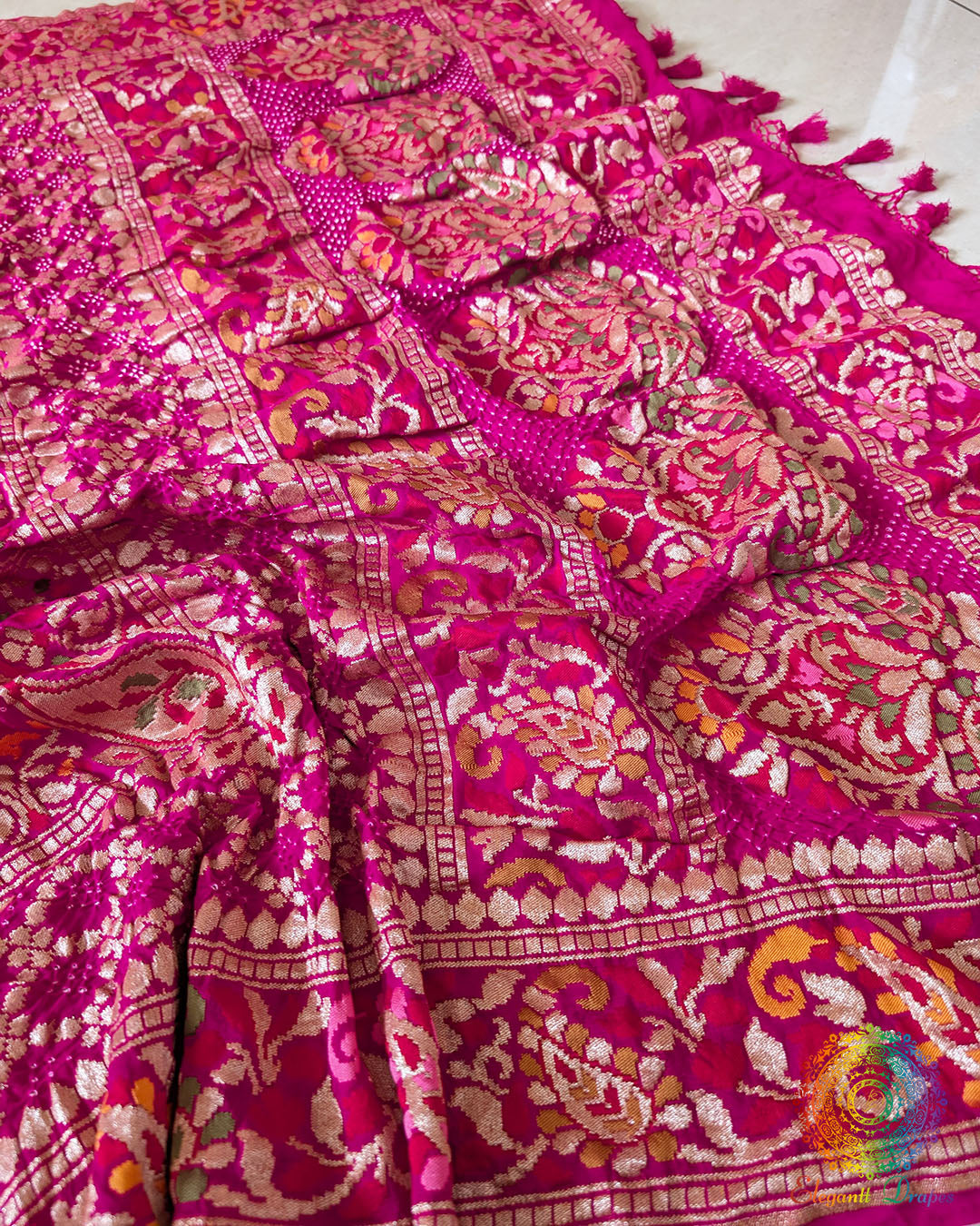 Rani Pink Shaded Khaddi Georgette Dupatta with Bandhani and Meenakari detailing