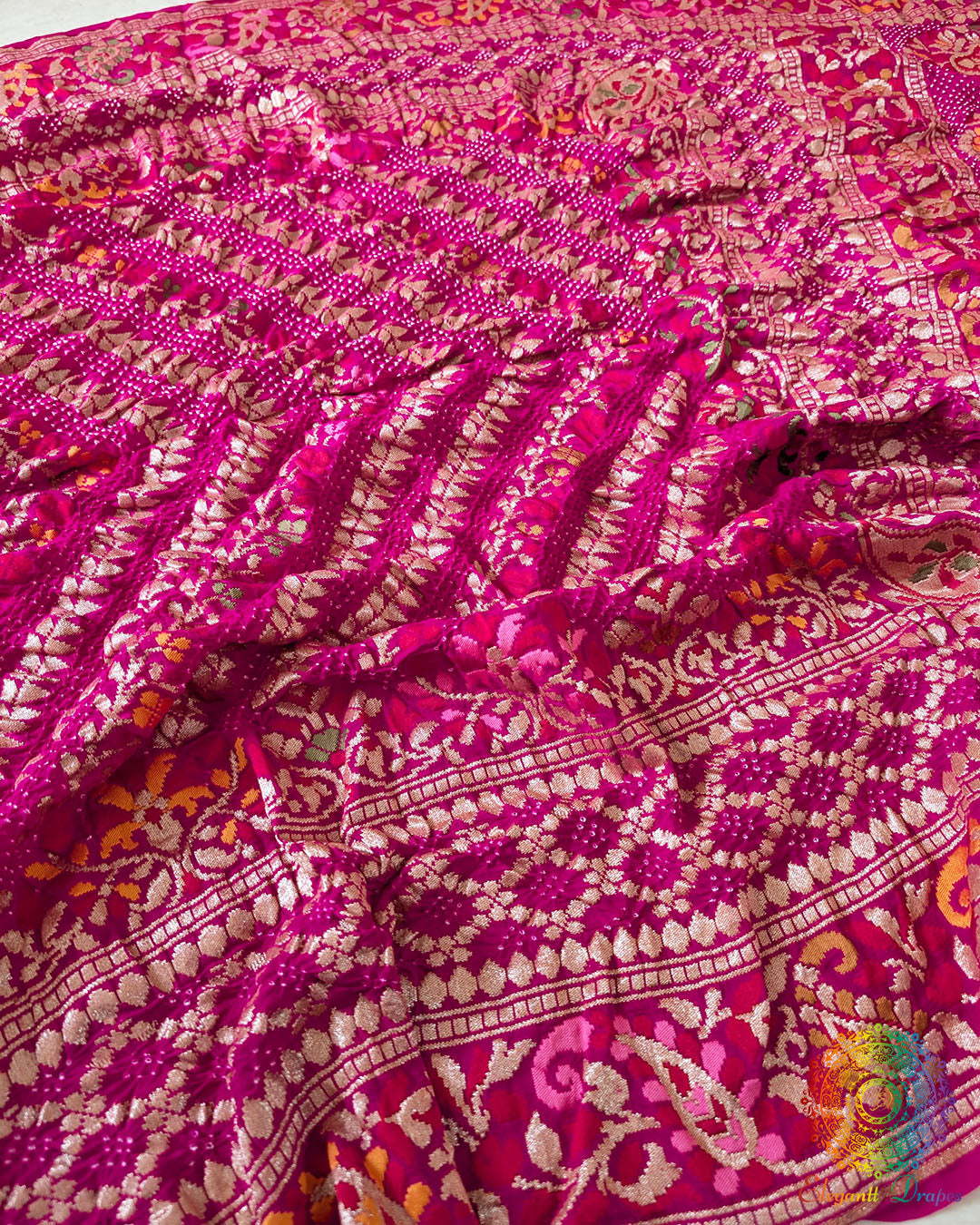 Close-up of Meenakari handwork on Rani Pink Khaddi Georgette Dupatta