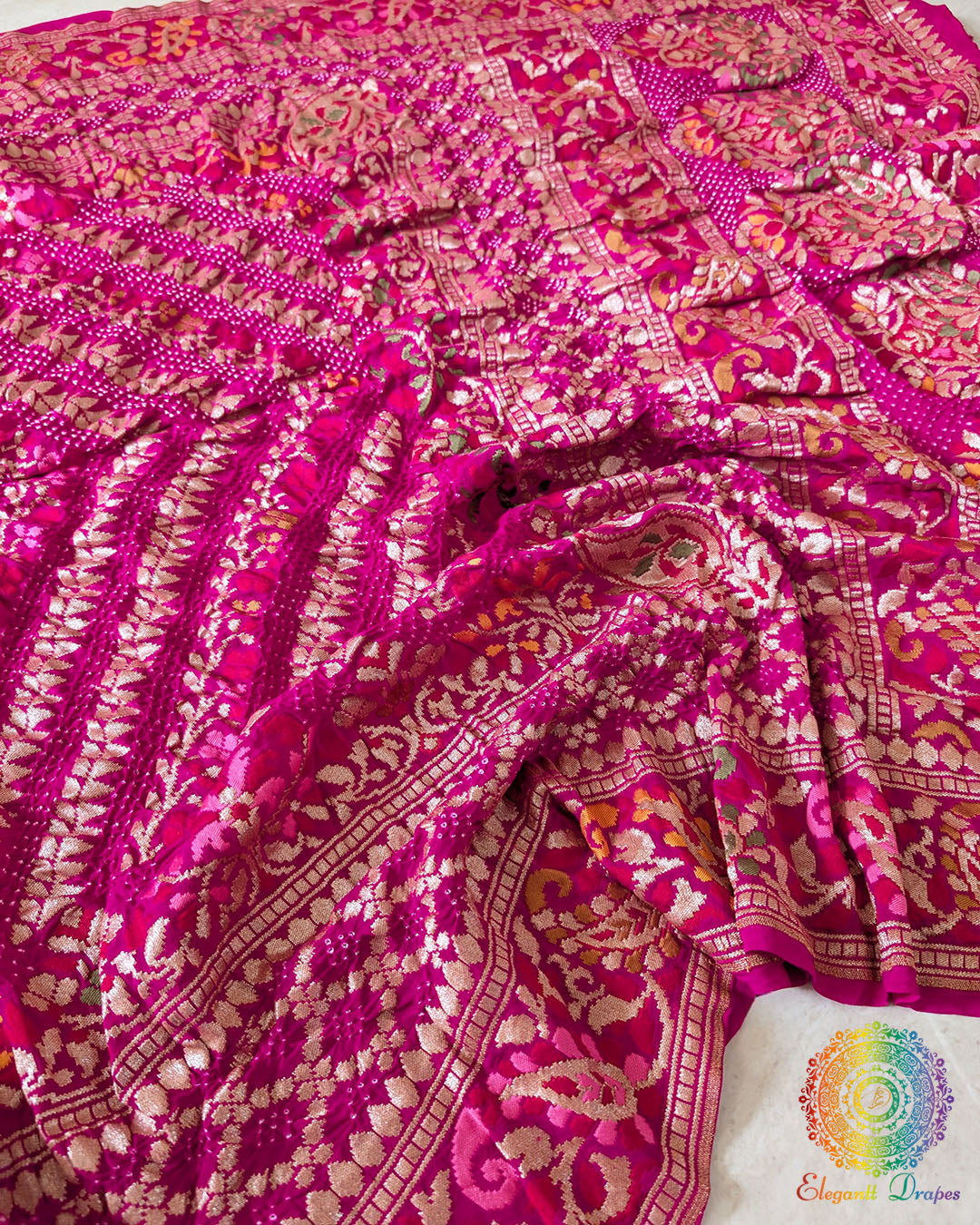Close-up of Bandhani and Meenakari detailing on Rani Pink Shaded Dupatta
