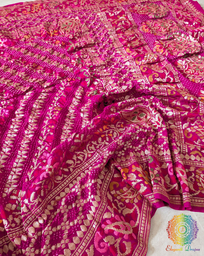 Close-up of Bandhani and Meenakari detailing on Rani Pink Shaded Dupatta