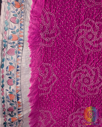 Detailed Bandhani pattern on the Rani Pink Muga Silk Dupatta