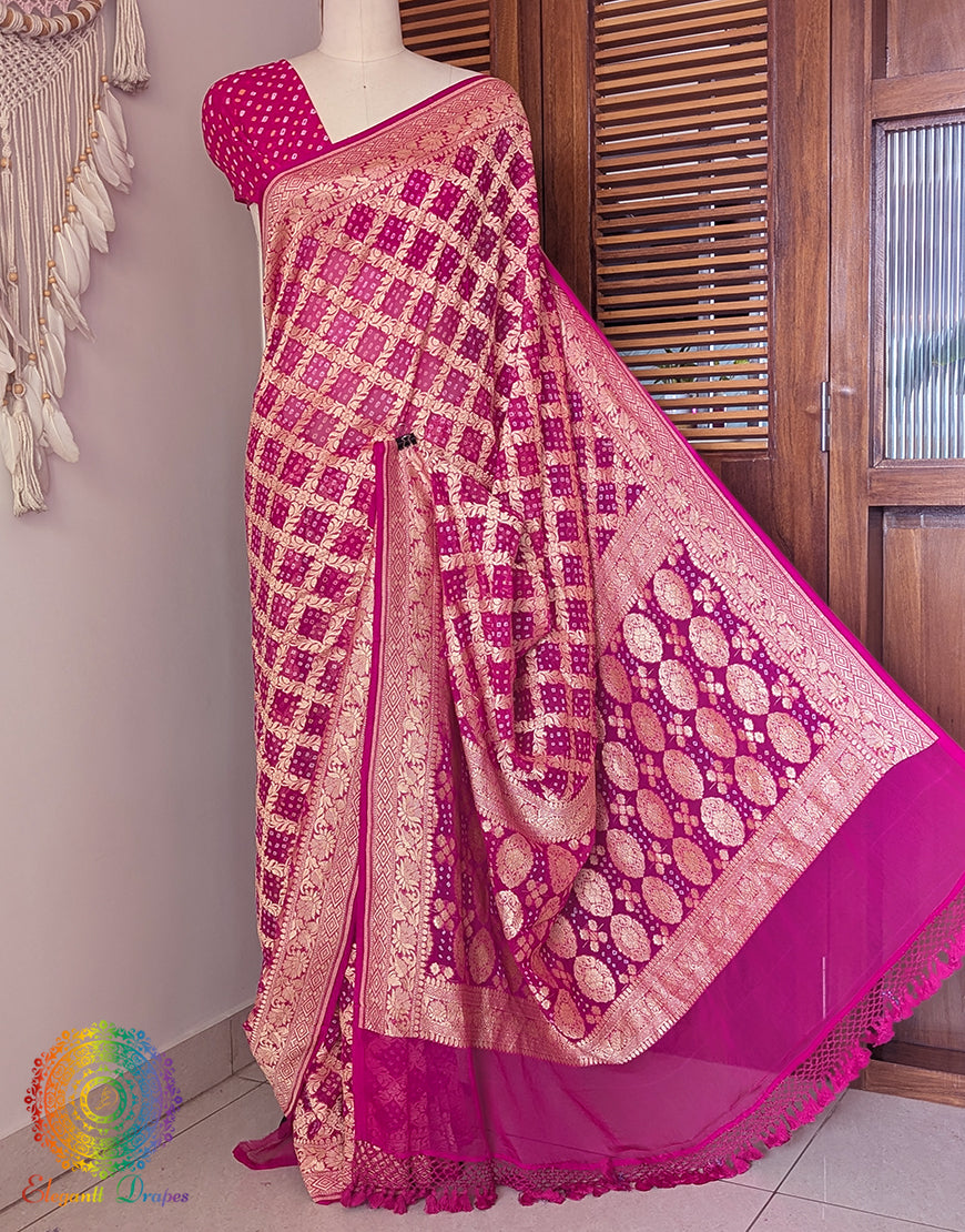 Rani Pink Banarasi Bandhani Khaddi Georgette Saree – Bandhani Saree Online India | Elegantt Drapes