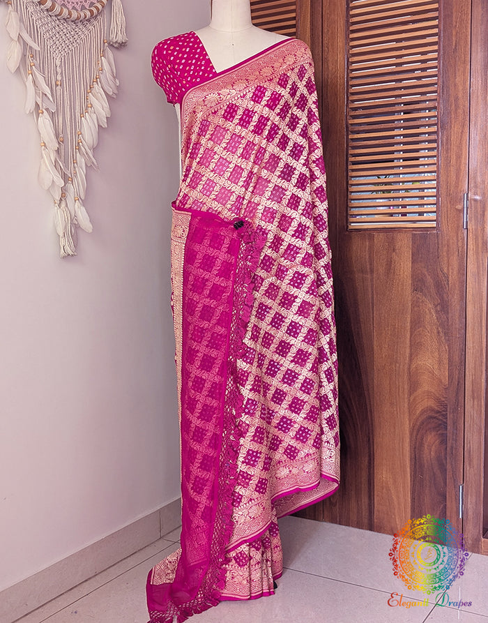 Rani Pink Banarasi Bandhani Khaddi Georgette Saree – Bandhani Saree Online India | Elegantt Drapes