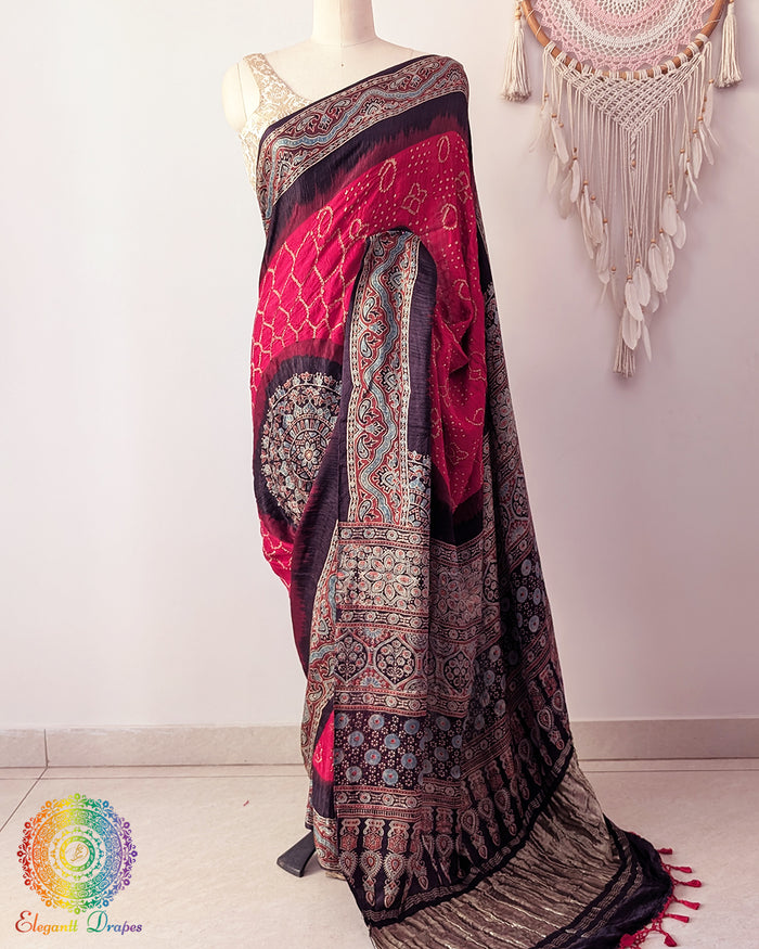 Red bandhani gaji silk saree with Ajrakh palla on mannequin showing full drape