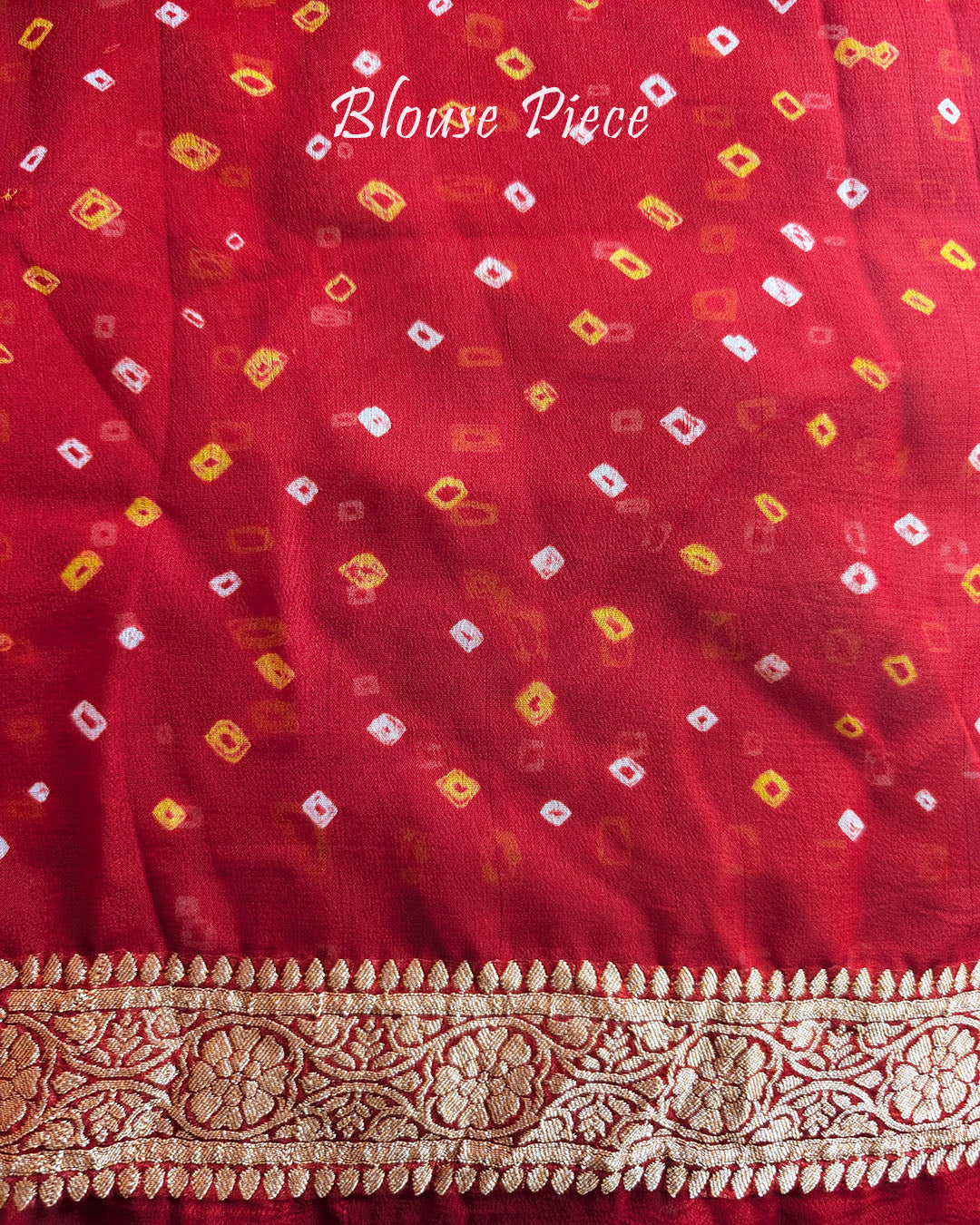 Matching blouse piece with coordinated Banarasi weaving and Bandhani design