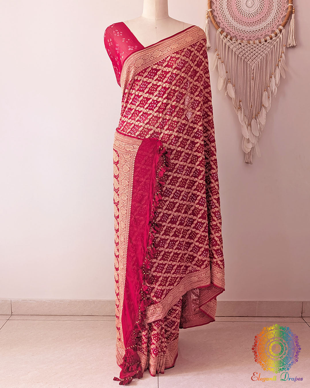 Red Khaddi georgette Banarasi Bandhani saree on mannequin showing full drape