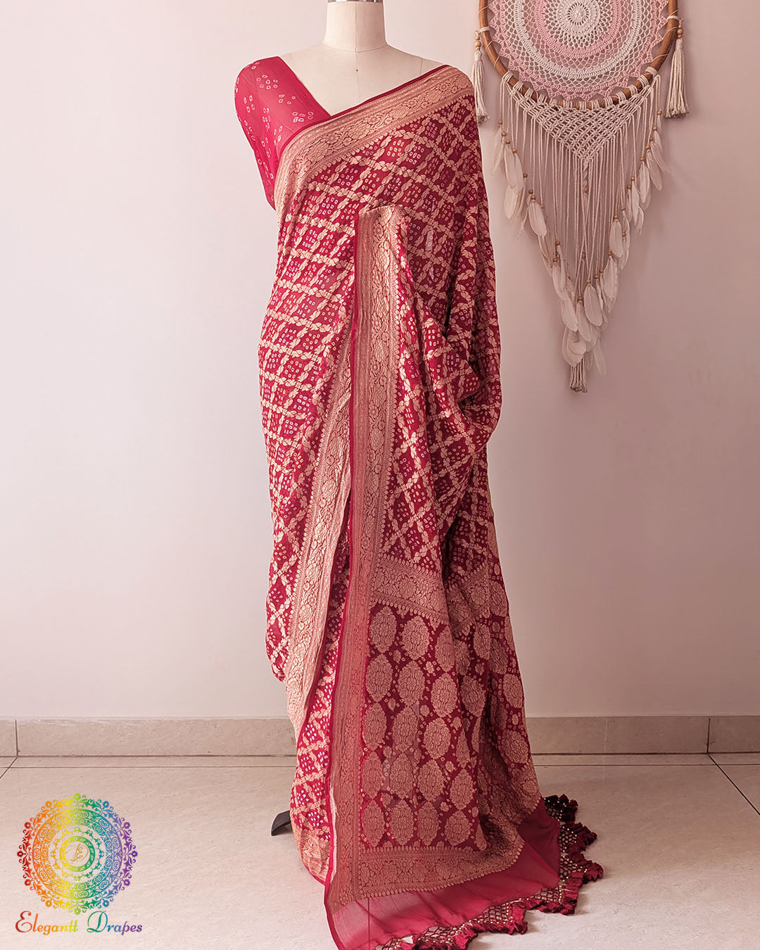 Red Khaddi georgette Banarasi Bandhani saree highlighting the intricately woven Banarasi palla