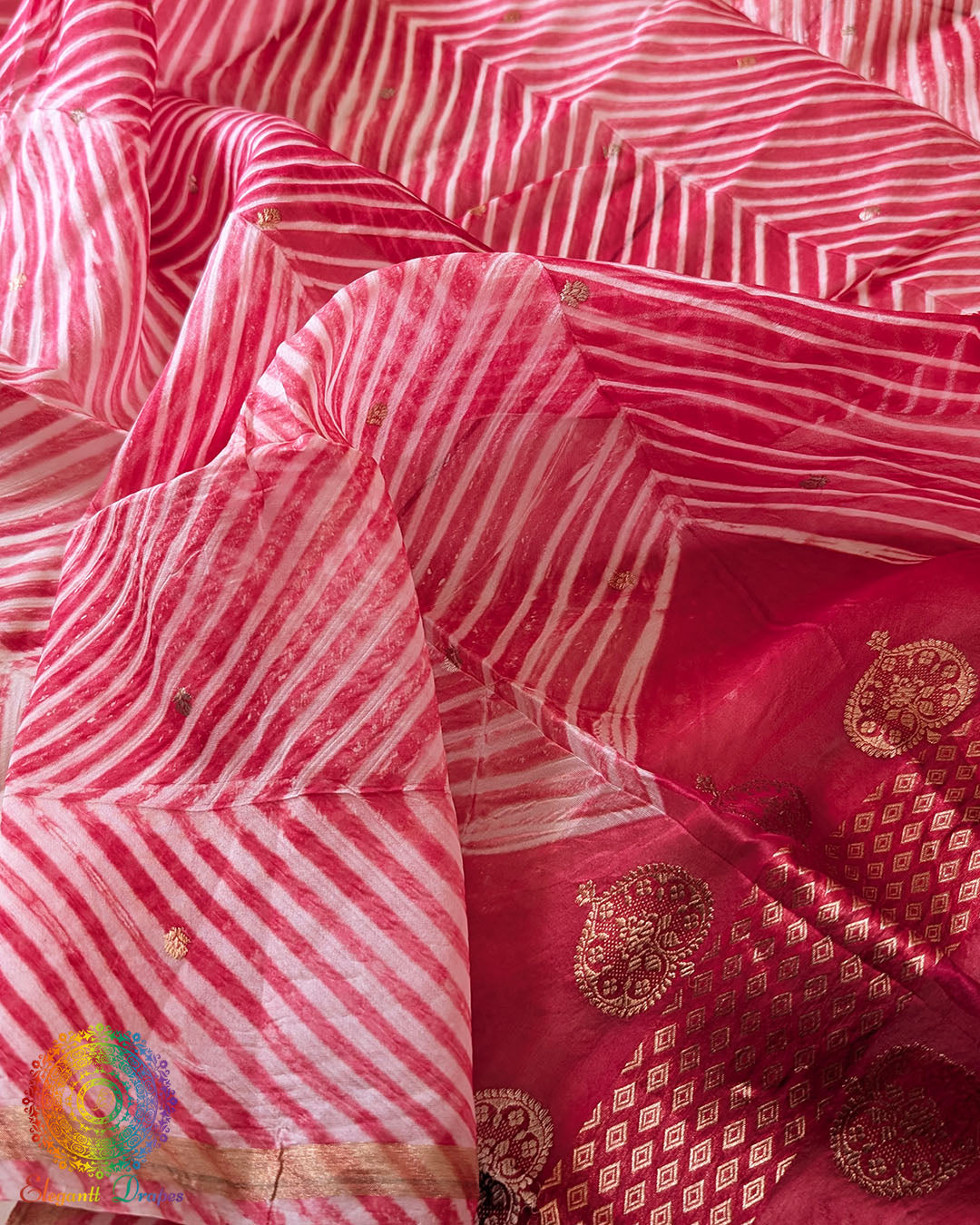 Close-up of Arashi Shibori detailing on Red Banarasi Kora Silk Dupatta
