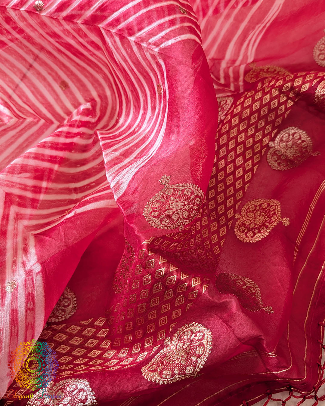 Close-up of Banarasi Handloom weave on Red Kora Silk Dupatta