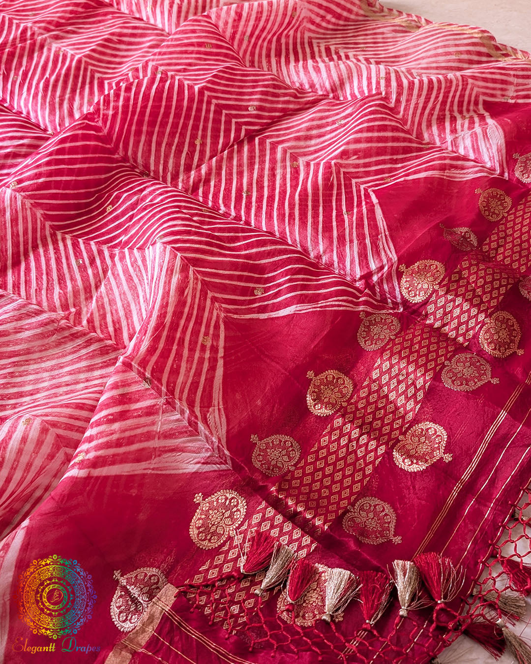 Red Banarasi Handloom Kora Silk Arashi Shibori Dupatta full view