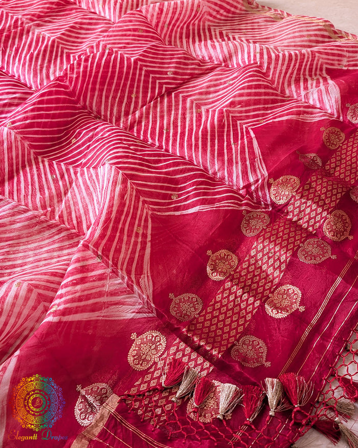 Red Banarasi Handloom Kora Silk Arashi Shibori Dupatta full view