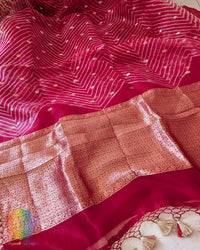 Close-up of Arashi Shibori patterns on Red Kora Silk Banarasi Saree body