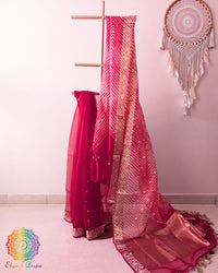 Red Banarasi Kora Silk Saree with Arashi Shibori pallu pleated drape