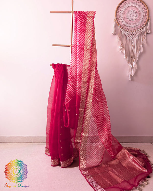 Red Banarasi Kora Silk Saree with Arashi Shibori pallu pleated drape