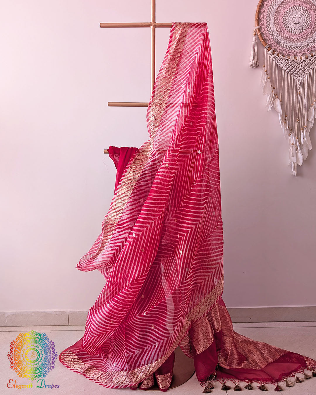 Red Arashi Shibori Banarasi Handloom Kora Silk Saree full drape