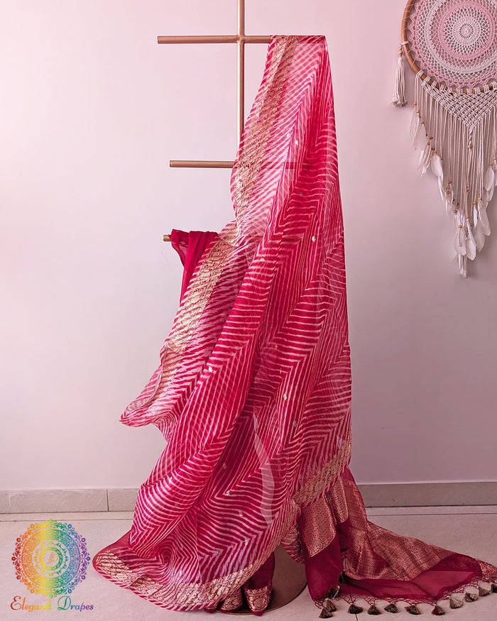 Red Arashi Shibori Banarasi Handloom Kora Silk Saree full drape