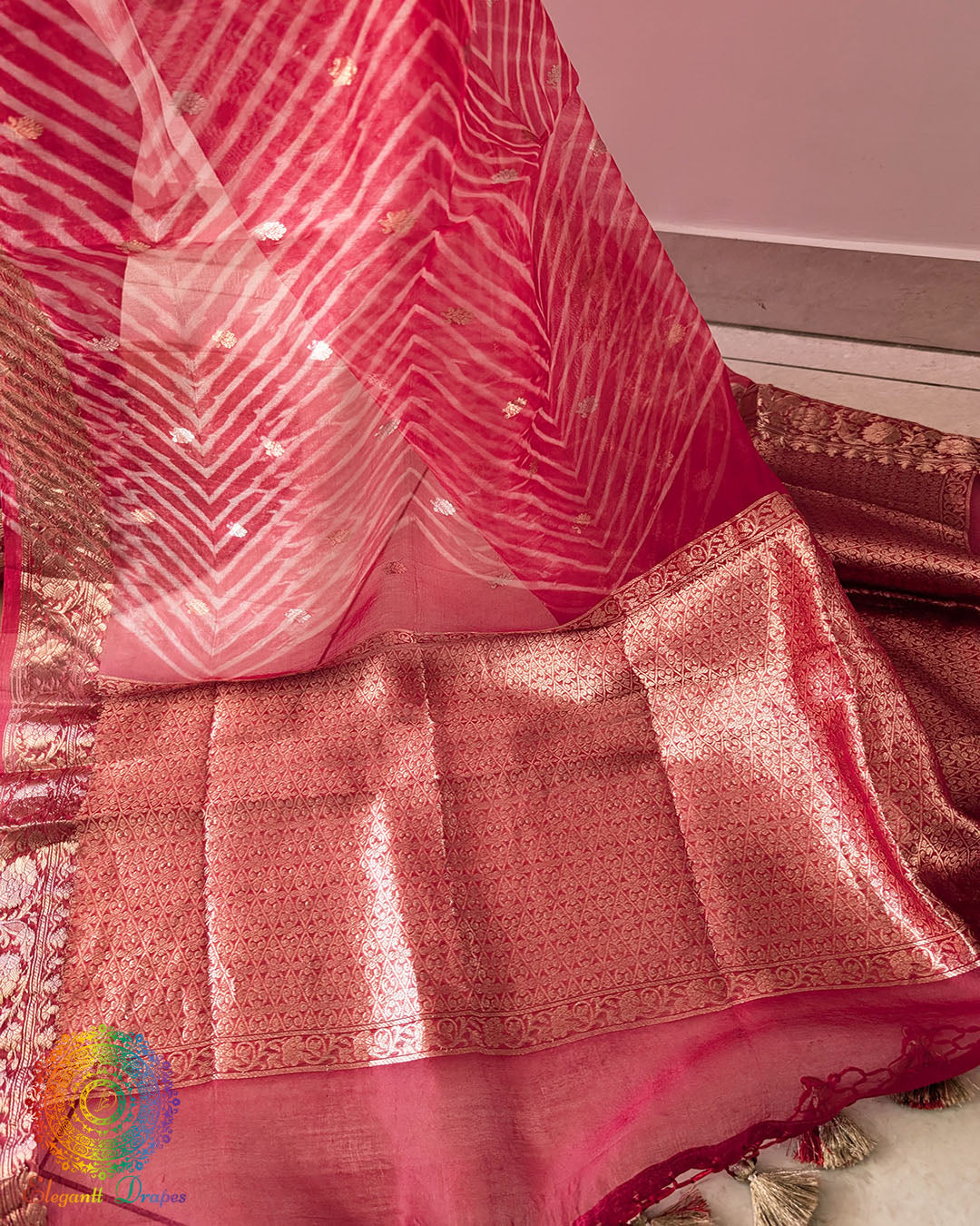 Close-up of Banarasi handloom weave on Red Kora Silk Saree
