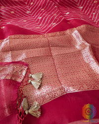 Close-up of Arashi Shibori pallu on Red Banarasi Handloom Kora Silk Saree