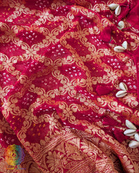 Kodi tassels on Red Banarasi Khaddi Georgette Bandhani Dupatta