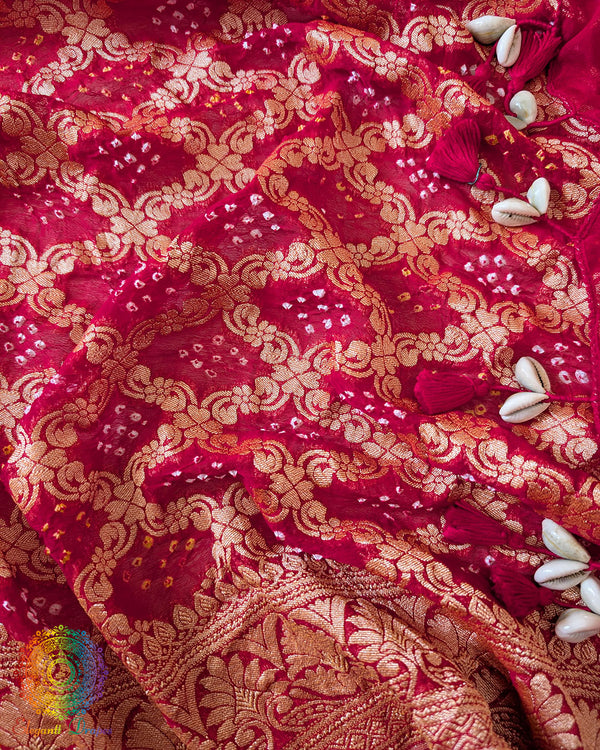 Kodi tassels on Red Banarasi Khaddi Georgette Bandhani Dupatta